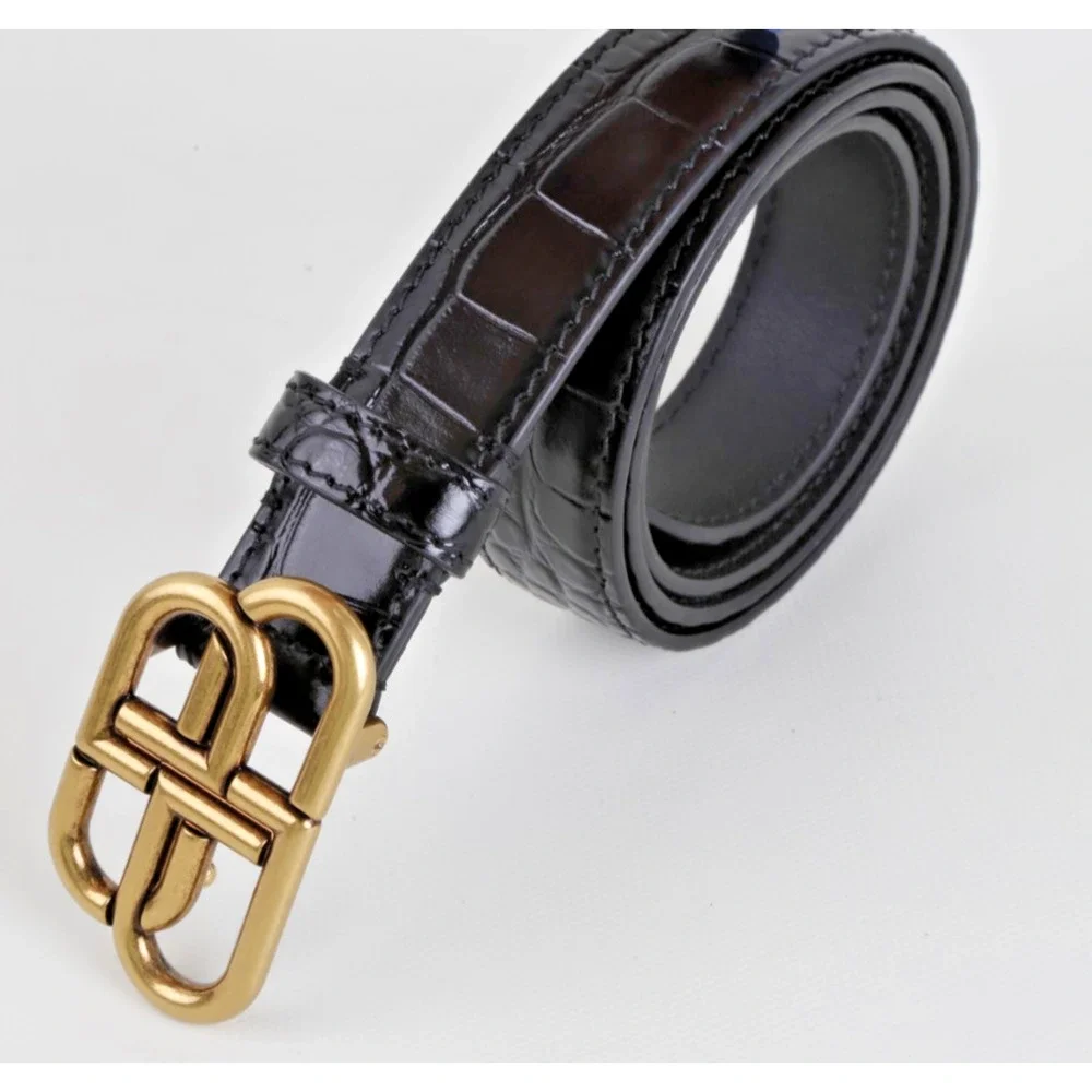 Balenciaga Black Croc Embossed Leather BB Logo Belt Antique Gold Hardware 80